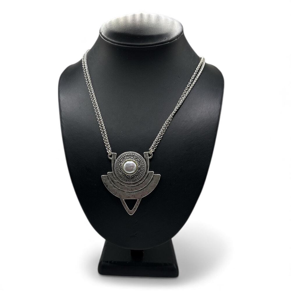 Lucky Brand Antique Silver-tone Double Chain Necklace with Faux Pearl pendant